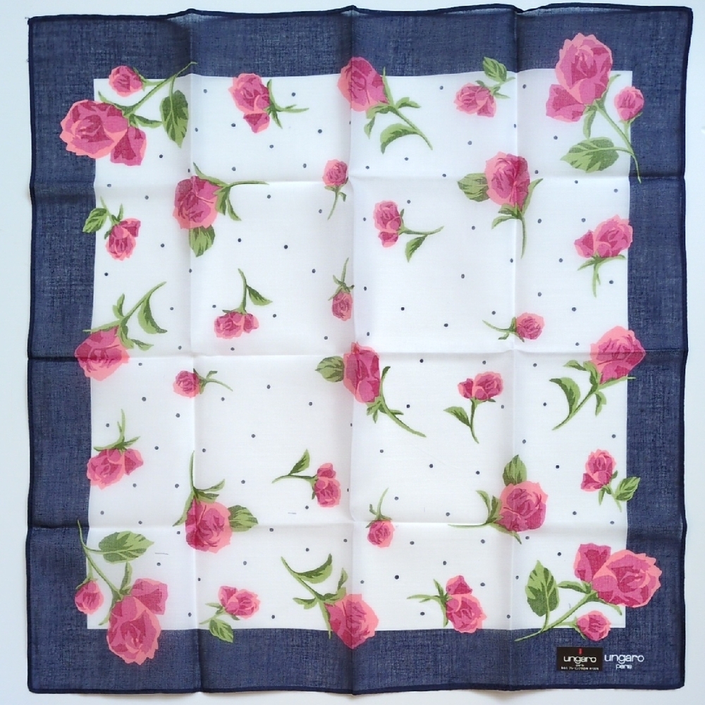 NWT Emanual Ungaro Cotton Handkerchief‎ Pocket Square Scarf -  Floral Rose Dot
